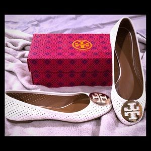 Tory Burch Ivory Gold Reva Ballet Leather Flats